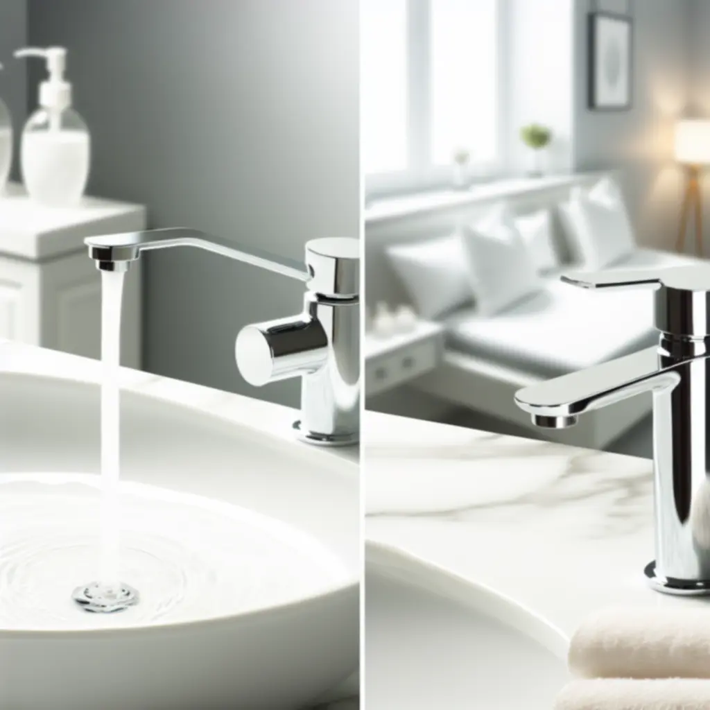 Felszerelt csaptelep modern fürdőszobai környezetben