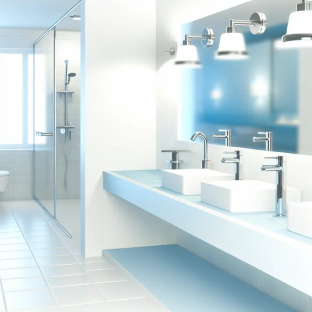 Modern, letisztult fürdőszoba világos színekkel, mosdóval és csapteleppel