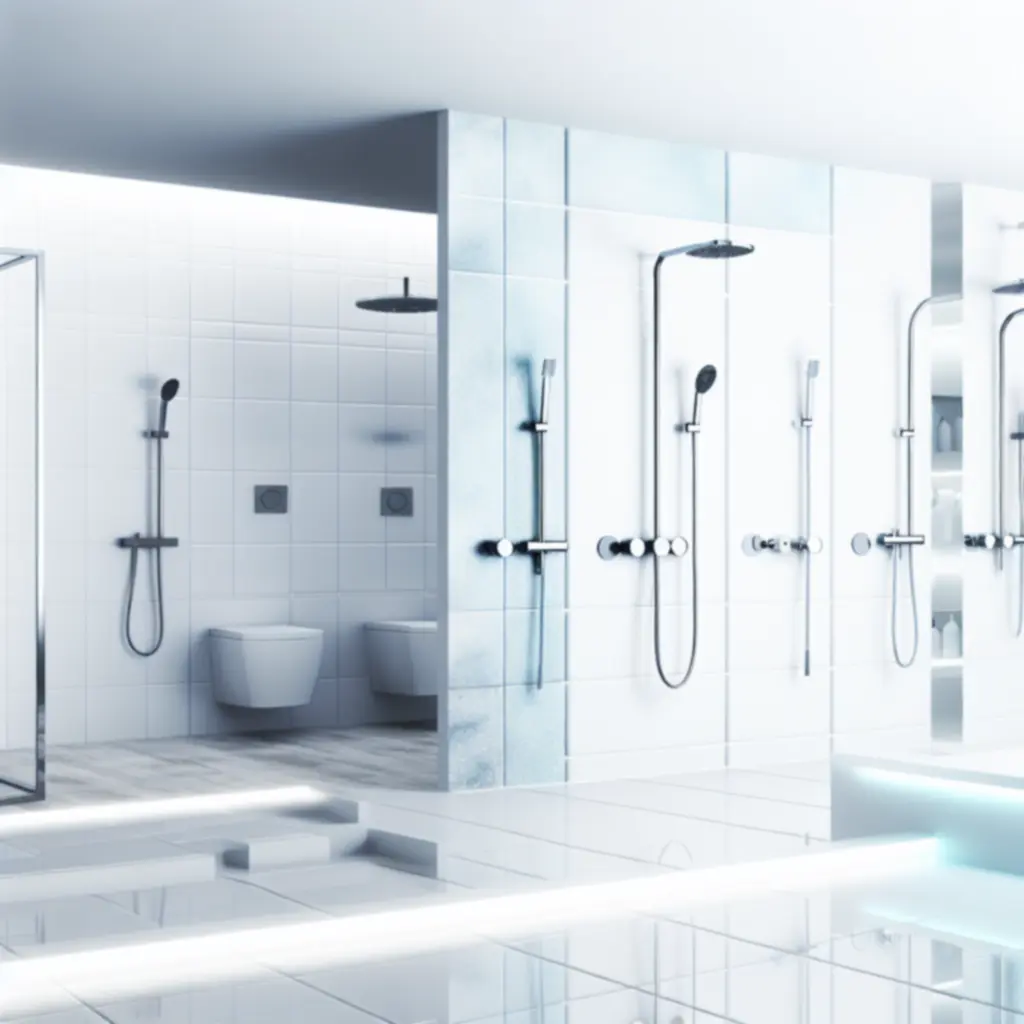 Modern zuhanykabin kék-fehér fürdőszobában